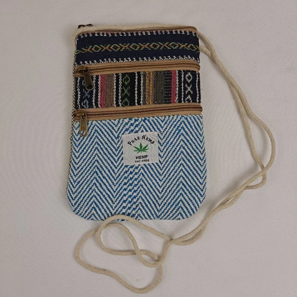 Handmade Pure Hemp Multi Zipper Pocket Crossbody Bag Striped Geometric Chevron